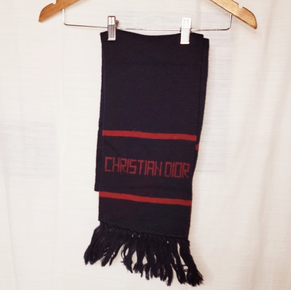 Vintage Christian Dior Monsieur 50 x 10in Blue & Red Logo Wool Rectangle Scarf - Picture 1 of 3